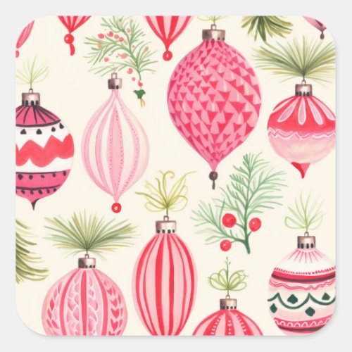 Pink Red Retro Christmas Ornaments Square Sticker