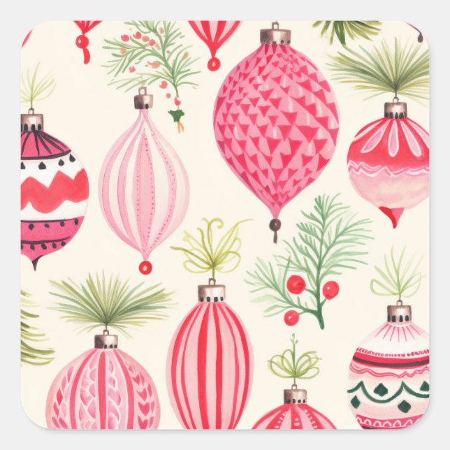 Pink Red Retro Christmas Ornaments Square Sticker (Front)