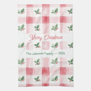 Pink Red Retro Christmas Personalized Kitchen Towel