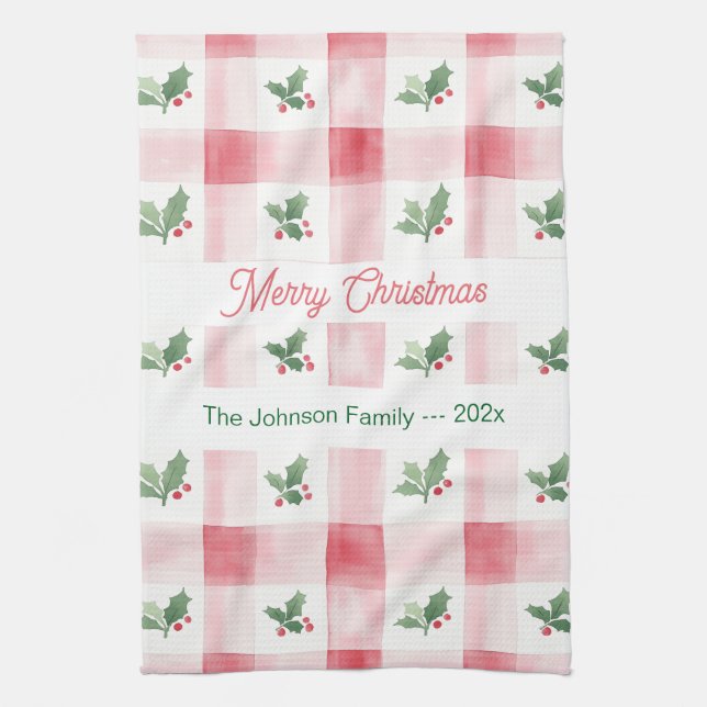 Pink Red Retro Christmas Personalized Kitchen Towel (Vertical)