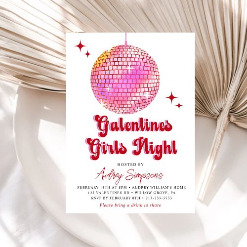 Pink Red Retro Galentines Girls Night Party Invitation