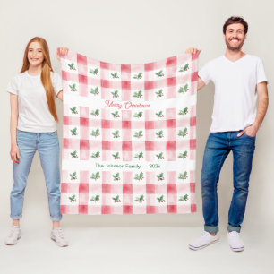 Pink Red Retro Gingham Christmas Personalized Fleece Blanket