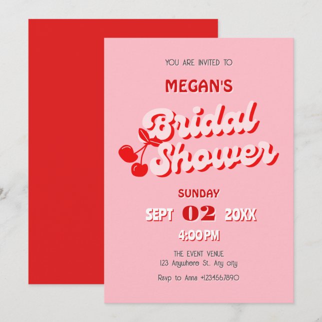 Pink red retro groovy cherry bridal shower invitation (Front/Back)