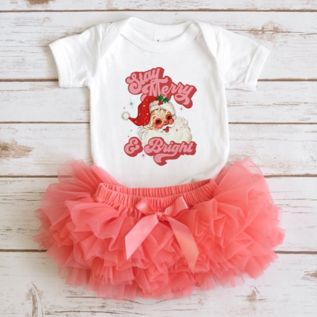 Pink Red Retro Groovy Santa Stay Merry and Bright  Baby Bodysuit (Creator Uploaded)