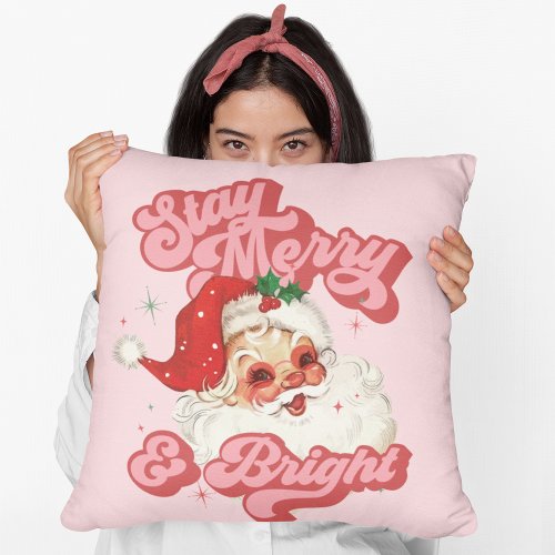 Pink Red Retro Groovy Santa Stay Merry and Bright  Throw Pillow