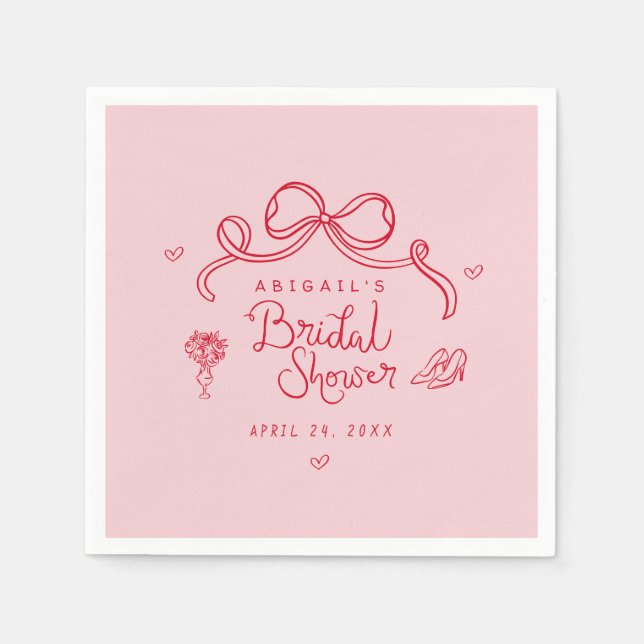 Pink Red Retro Hand Drawn Whimsical Bridal Shower Napkins (Front)