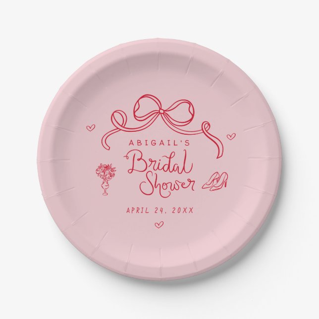 Pink Red Retro Hand Drawn Whimsical Bridal Shower Paper Plates (Front)