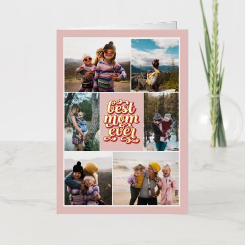 Pink Red Retro Script Best Mom Ever Photos Foil Greeting Card