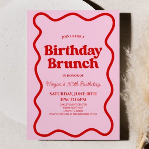 Pink Red Retro Wavy Border Birthday Brunch Party