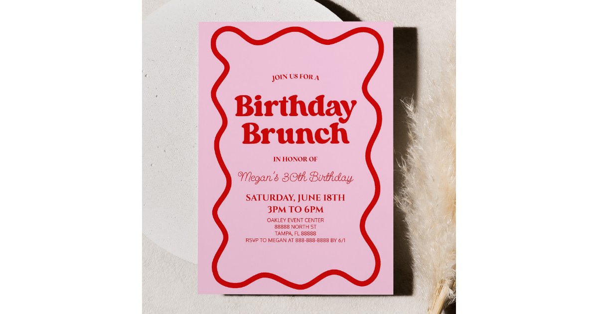 Pink Red Retro Wavy Border Birthday Brunch Party Invitation