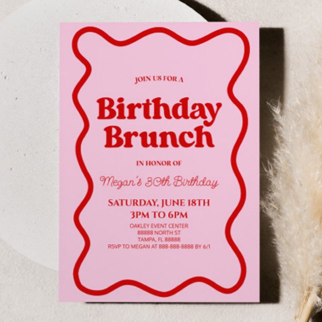 Pink Red Retro Wavy Border Birthday Brunch Party Invitation (Creator Uploaded)