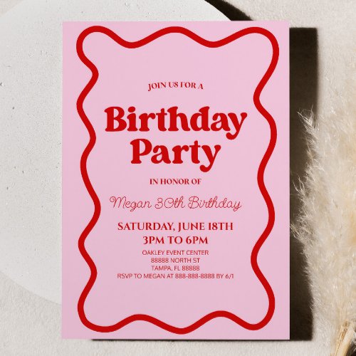 Pink Red Retro Wavy Border Birthday Party Invitation
