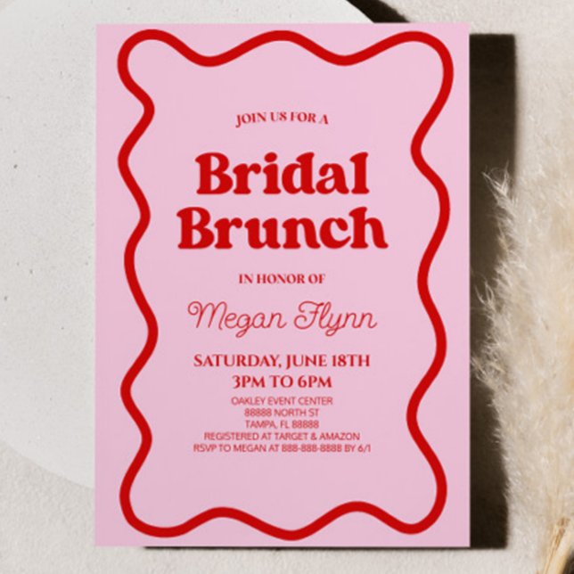 Pink Red Retro Wavy Border Bridal Shower Brunch Invitation (Creator Uploaded)
