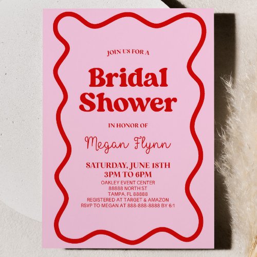Pink Red Retro Wavy Border Bridal Shower Invitation