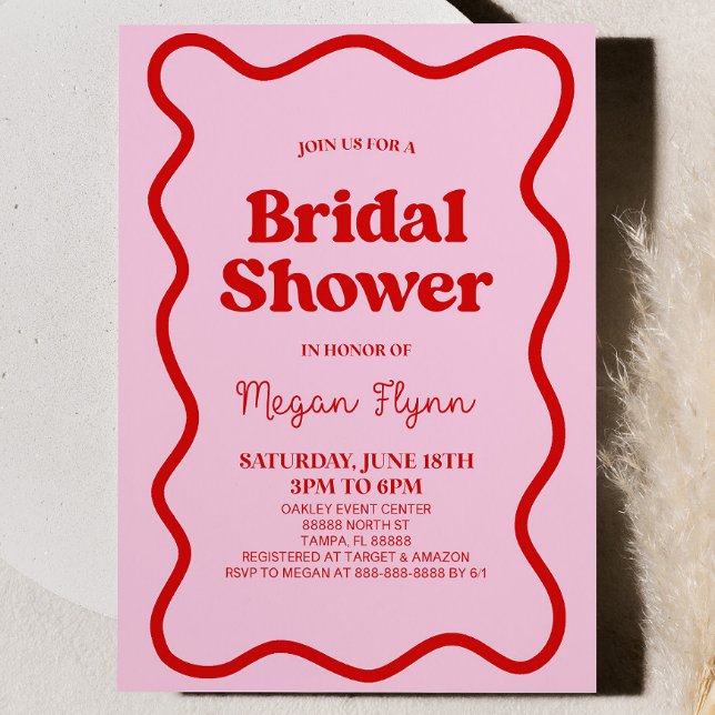 Pink Red Retro Wavy Border Bridal Shower Invitation (Creator Uploaded)
