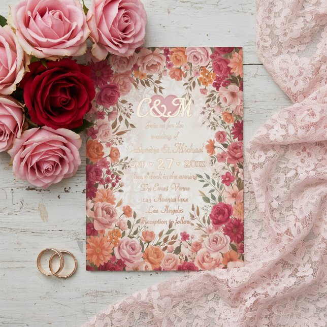 Pink & Red Romantic Rose Spring Floral Wedding Foil Invitation (Flat lay pink red watercolor floral vintage spring garden romantic wedding foil invitation)