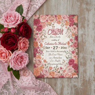 Pink & Red Romantic Rose Spring Floral Wedding Invitation