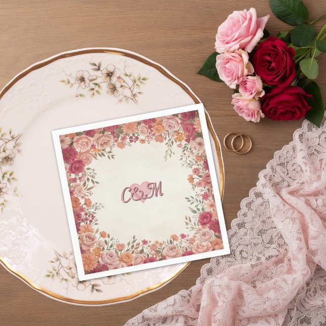 Pink & Red Romantic Rose Spring Floral Wedding Napkins (Flat lay pink red watercolor floral vintage spring garden romantic wedding monogram napkin)