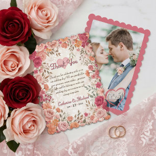 Pink & Red Romantic Rose Spring Floral Wedding Thank You Card