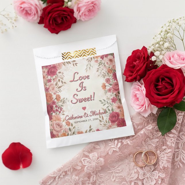 Pink & Red Romantic Rose Spring Wedding  Favor Bag (Flat lay pink red floral spring vintage wedding 'love is sweet' favor bag )