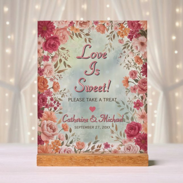 Pink & Red Romantic Spring Wedding Favors Acrylic Sign (Front view of pink red watercolor floral spring garden wedding favor treat sign decor)