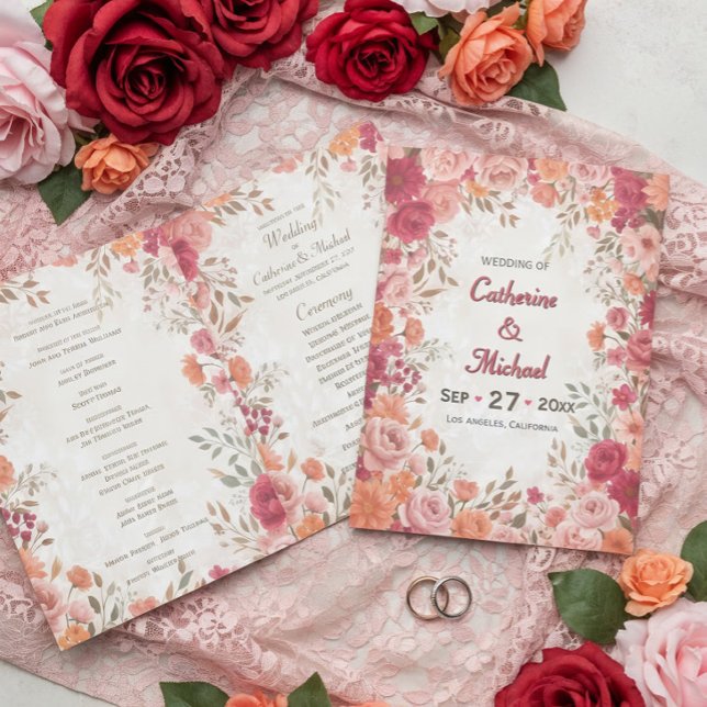 pink & Red Romantic Spring Wedding Program (Top view of pink red orange watercolor floral spring wedding program)