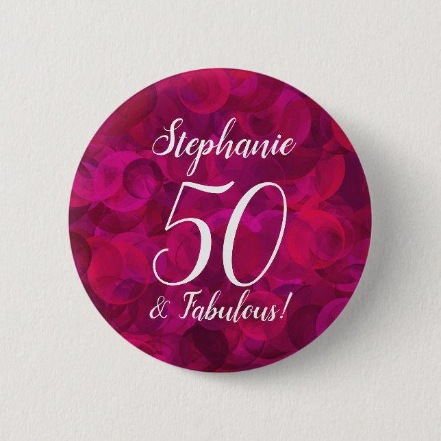 Pink Red Rose 50 and Fabulous Birthday Party Button (Front)