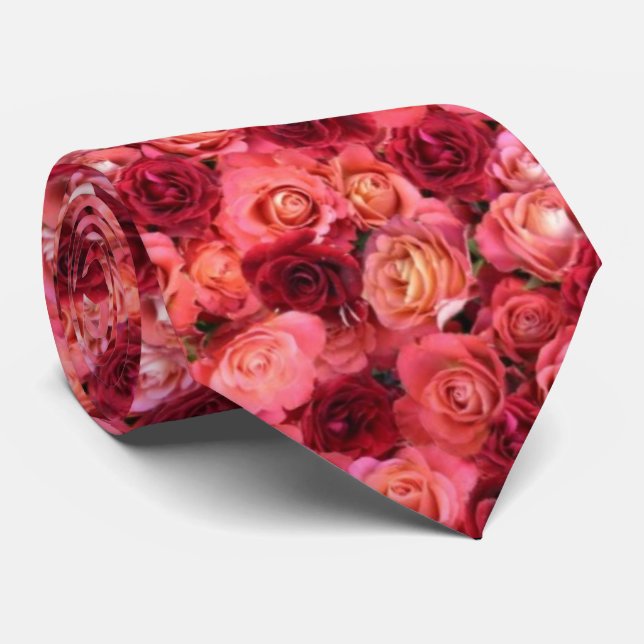 PINK RED ROSE FIELD Floral Pattern Neck Tie (Rolled)