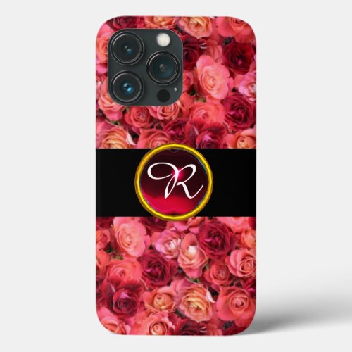PINK RED ROSE FIELD RED RUBY GEMSTONE MONOGRAM iPhone 13 PRO CASE