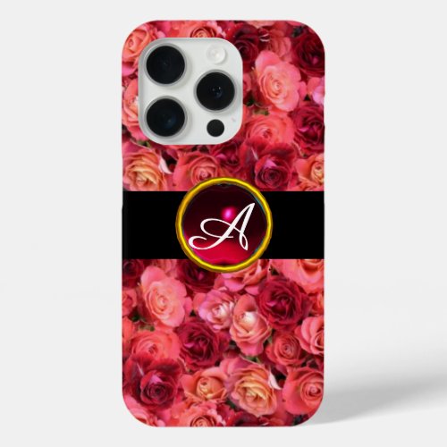 PINK RED ROSE FIELD RED RUBY GEMSTONE MONOGRAM iPhone 15 PRO CASE