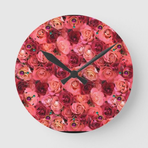 PINK RED ROSE FIELD ROUND CLOCK