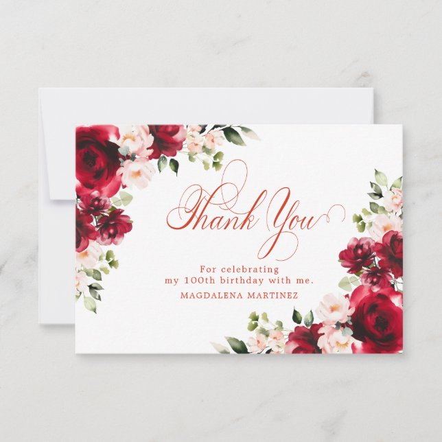 Pink Red Rose Floral 100th Birthday Personalized Thank You Card (Front)