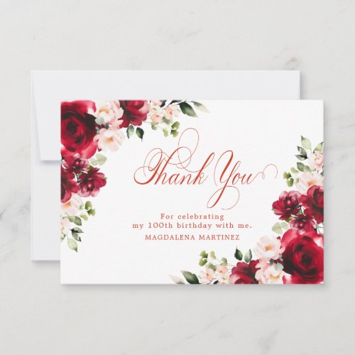 Pink Red Rose Floral 100th Birthday Personalized Thank You Card