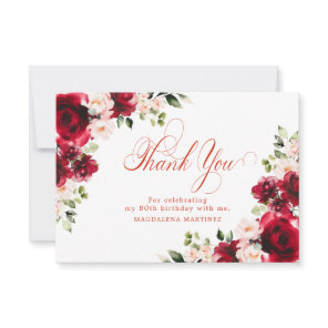 Pink Red Rose Floral 80th Birthday Personalized Thank You Card