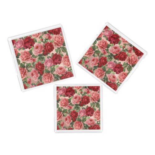 Pink Red Rose Floral with Greenery on Rose Gold Acrylic Tray
