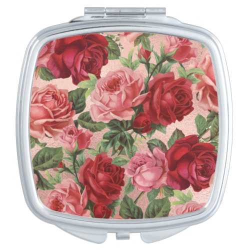 Pink Red Rose Floral with Greenery on Rose Gold Compact Mirror