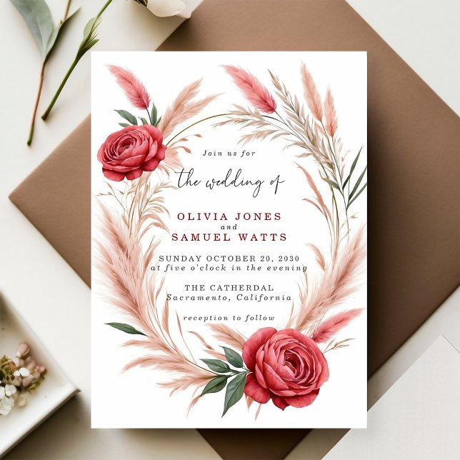 Pink Red Rose Pampas Boho Wedding Invitation (Creator Uploaded)