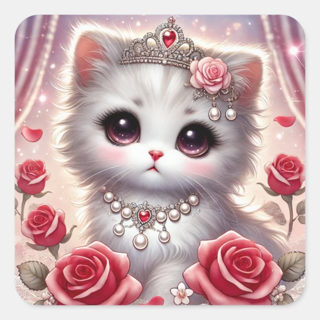 Pink Red Rose Princess Cat Square Sticker (Front)