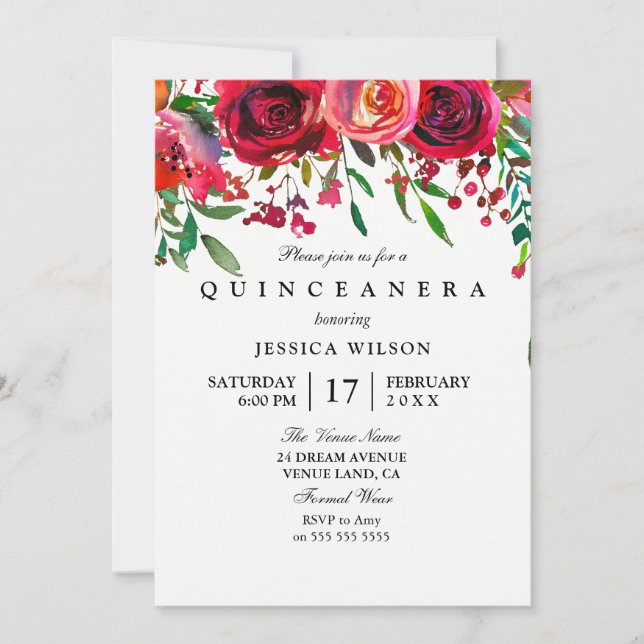 Pink & Red Rose Quinceanera Invitation (Front)