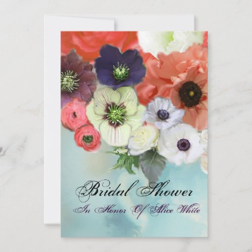 PINK RED ROSES AND ANEMONE FLOWERS BRIDAL SHOWER INVITATION