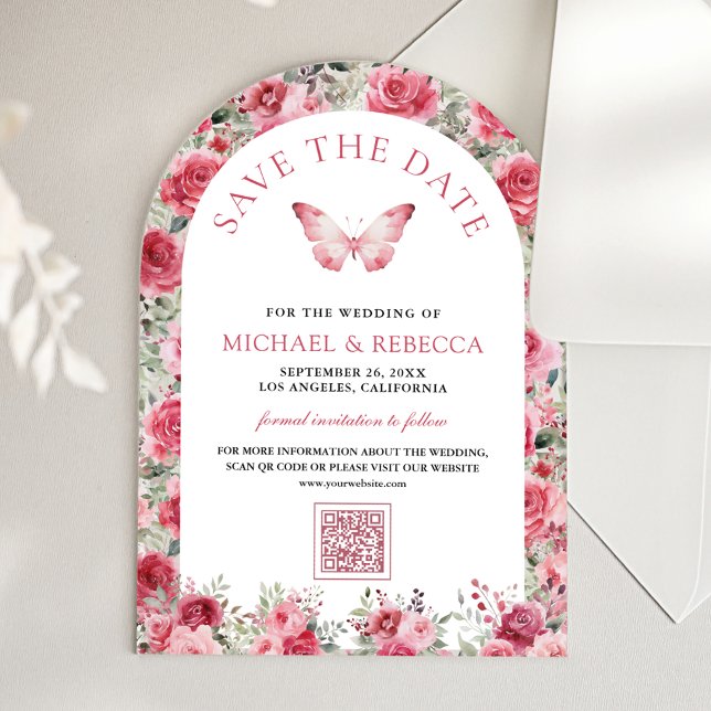 Pink Red Roses Butterfly Wedding Save the Date (Creator Uploaded)