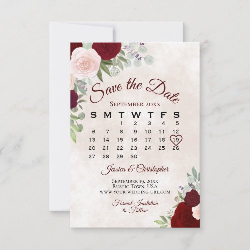 Pink  Red Roses Elegant Boho Wedding Calendar Save The Date