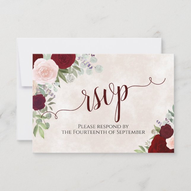 Pink & Red Roses Elegant Calligraphy Wedding RSVP Card (Front)