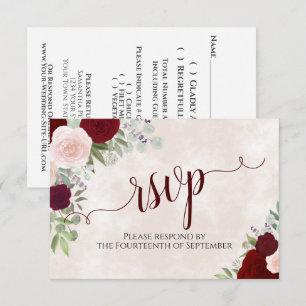 Pink & Red Roses Elegant Calligraphy Wedding RSVP Card