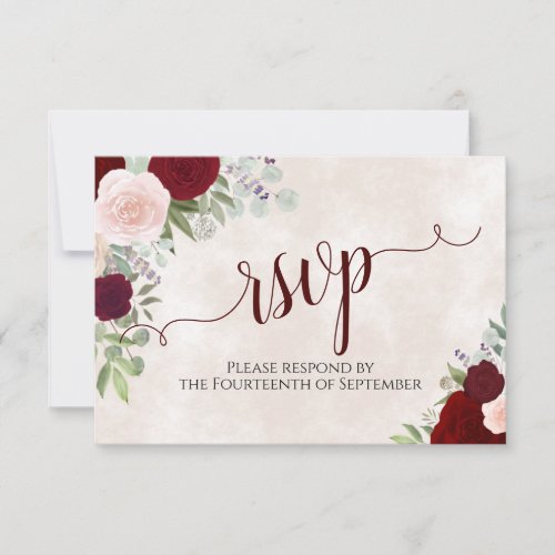 Pink  Red Roses Elegant Calligraphy Wedding RSVP Card