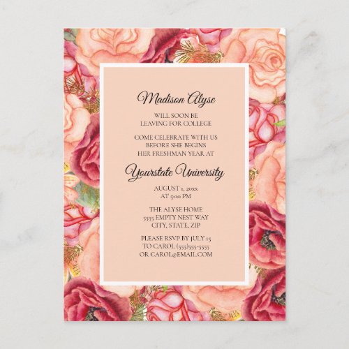 Pink Red Roses  Floral College Trunk Party Invitation Postcard