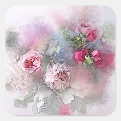 Pink Red Roses Watercolor Artwork Blank Template Square Sticker