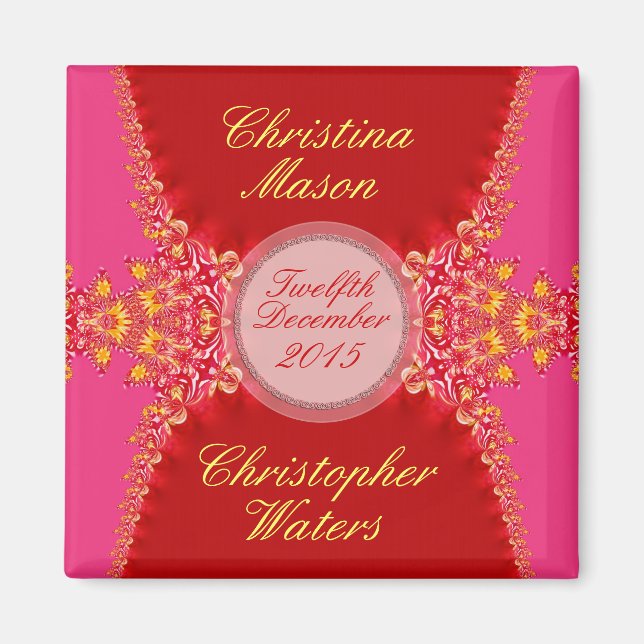 Pink Red Satin+Lace Wedding Favors Magnet (Front)