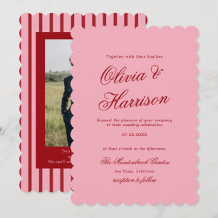 Pink Red Scalloped Minimalist Script Wedding Invitation