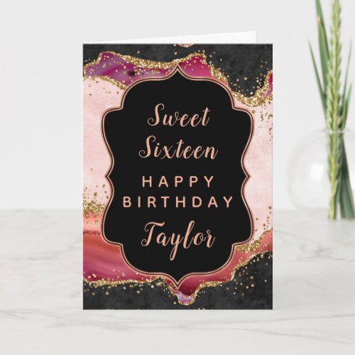 Pink Red Sequins Agate Sweet 16 Happy Birthday Card